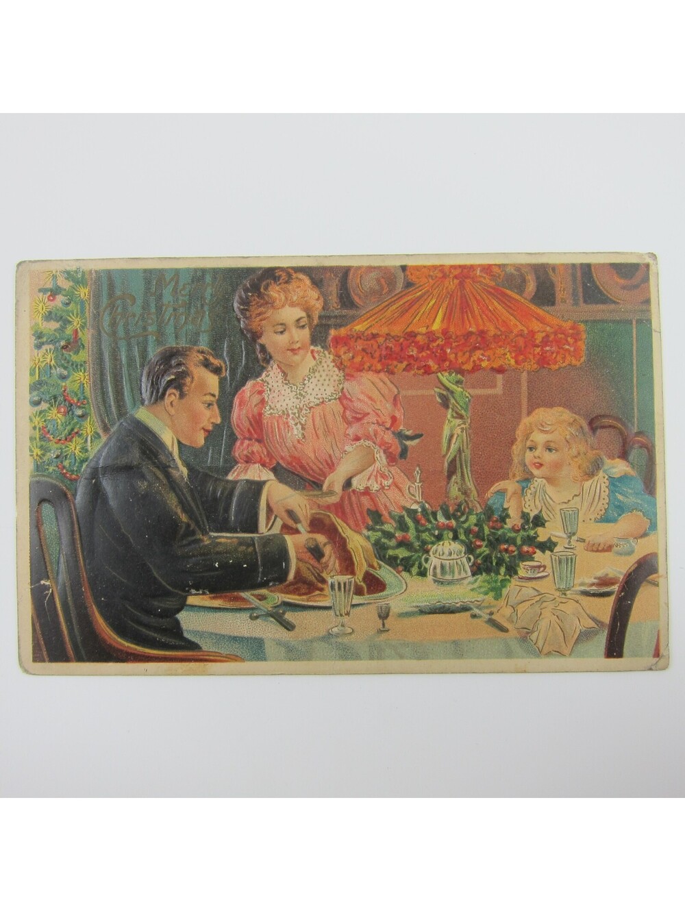 Christmas Postcard Family Meal Table Dad Carve Meat Lady Girl Embossed Antique